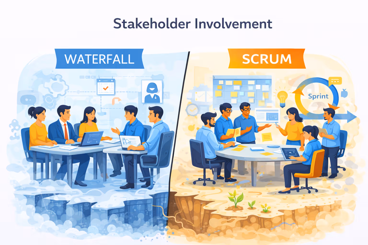 Illustration comparing stakeholder involvement in Waterfall and Scrum, showing structured, phase-based collaboration versus continuous engagement throughout delivery.